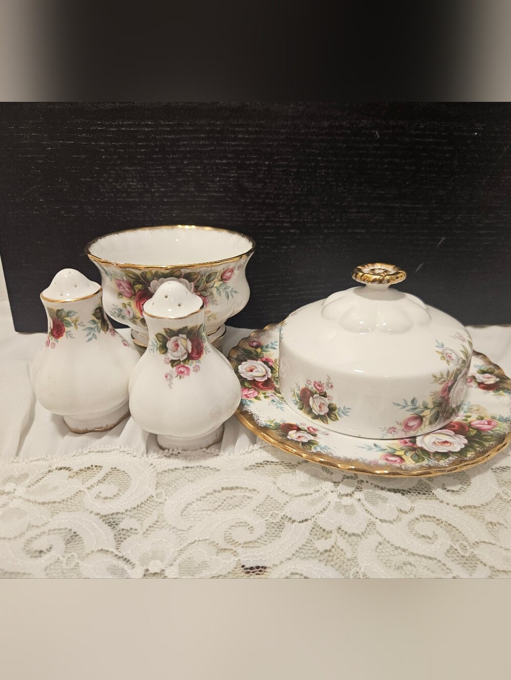 Vintage Royal Albert "Celebration" Butter Dish Sugar Bowl Salt & Pepper Set